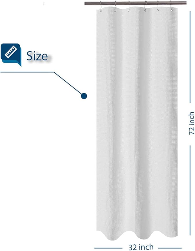 Barossa Design Waffle Weave Stall Fabric Shower Curtain 32 inches Narrow Size, Hotel Luxury Spa, 230 GSM Heavy Duty, Water Repellent, White Spa Pique Pattern Decorative Bathroom Curtain, 32x72