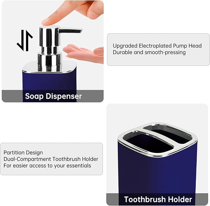 Navy Blue Bathroom Accessories 2 Pieces, Soap Dispenser and Toothbrush Holder Set for Boho Bathroom