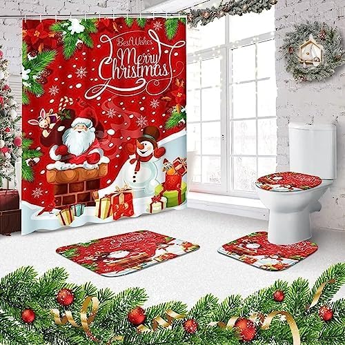 NBVKO 4PCS Merry Christmas Snowman Red Set Shower Curtain,with Non-Slip Rugs,Toilet Lid Cover and Bath Mat,Winter Bathroom Decor Accessory Set