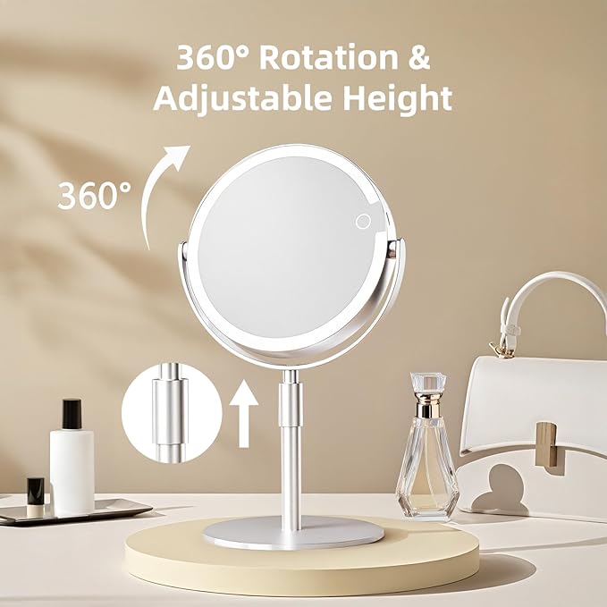 FRANO Makeup Mirror with Magnification (1X/10X), 8" Round Magnifying Vanity Mirror with Lights, Cordless Double Sided Light Weight Aluminum Alloy - Gifts Idea