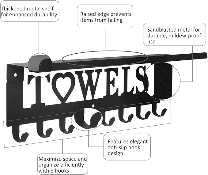 Towel Rack with Shelf 8 Hooks, Bathroom Towel Holder Metal Shelf Organizer, Wall Mounted Storage for Towels, Robes, Clothes in Bathroom, Kitchen, Bedroom,Home