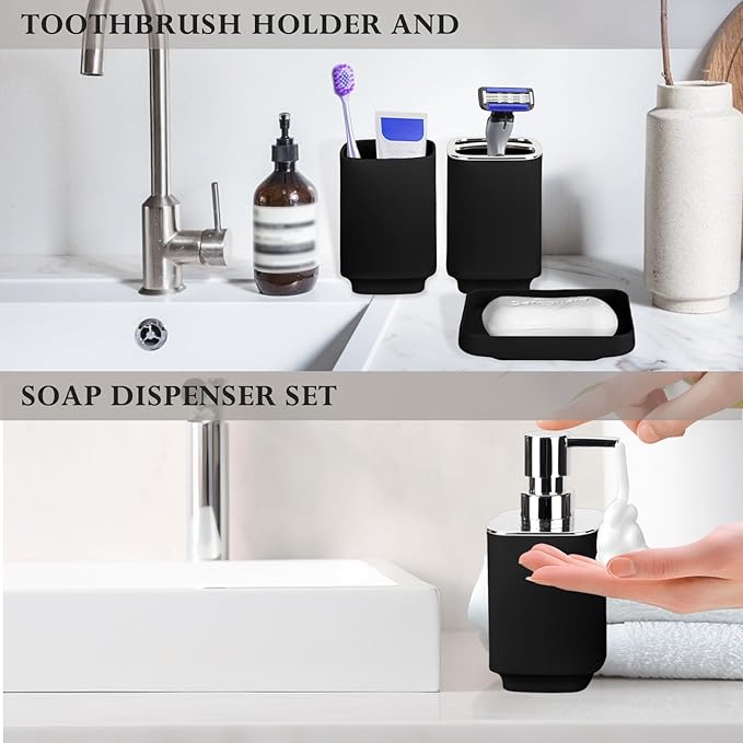 4 Piece Bathroom Accessories Set, Black Boho Bathroom Decor, Bathroom Sets Complete, Soap Dispenser, Toothbrush Holder, Mousewash Cup and Soap Dish, Bathroom Sink Set for Modern Home Decor