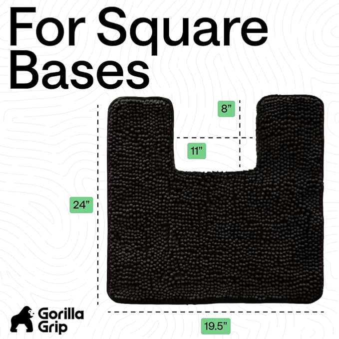 GORILLA GRIP Plush Absorbent Shaggy Chenille Bath Rug Mat for Square Toilet Base with Rubber Backing, Machine Washable Rugs, Soft Microfiber Contour Mats for Toilets, Bathroom Decor, Black