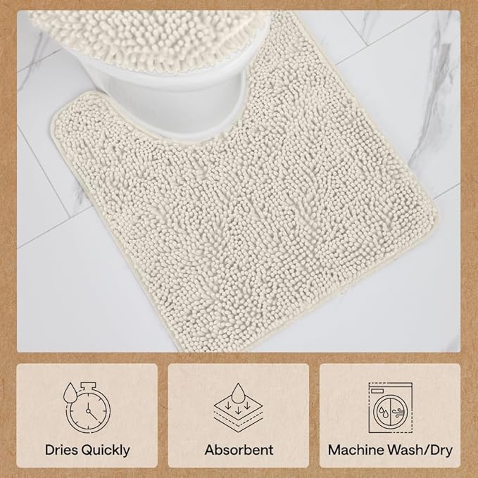 GORILLA GRIP Plush Absorbent Shaggy Chenille Bath Rug Mat for Oval Toilet Base with Rubber Backing, Machine Washable Rugs, Soft Microfiber Contour Mats for Toilets, Bathroom Decor, Ivory