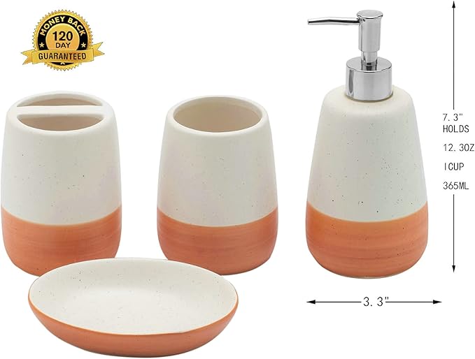 Orange Bathroom accesory Set 4pc,Coral Toothbrush Holder Terracotta Color soap Dispenser soap Dish Tumbler Cup for Bathroom Decor and Gift countertop Decor(Orange)