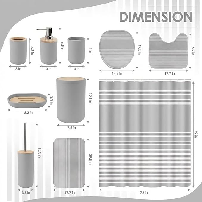 Grey Bathroom Decor and Accessories Set, Striped Gray Shower Curtain and Rug Set with Trash Can, Soap Dispenser, Soap Dish, Toothbrush Holder, Toothbrush Cup, Toilet Brush