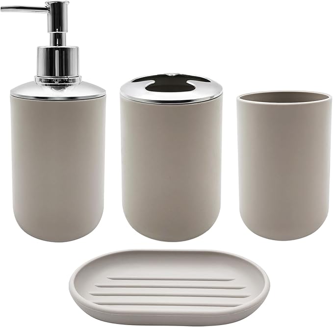 Bathroom Accessory Set, 4 pcs Shatter-Resistant Resin Bathroom Accessories Set Include Lotion Soap Dispenser Toothbrush Holder Soap Dish Modern Bathroom Decor, Gift for Home (Beige 4pcs)