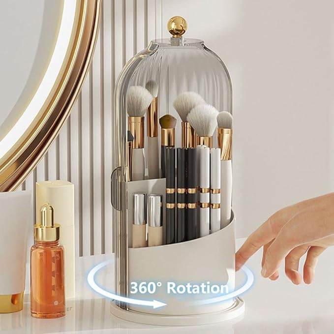 Makeup Brush Holder Organizer -360° Rotating Luxury Cosmetic Organizer With Lid Desktop Makeup Organizer Lipstick Eyebrow Pencil Holder Eye Shadow Storage Box
