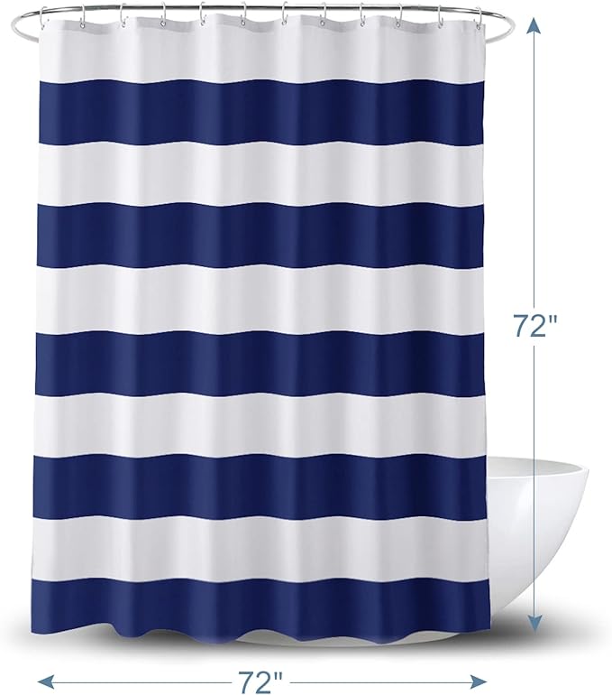 AmazerBath Navy Blue Shower Curtain Stripes, 72" W x 72" H Blue and White Shower Curtain, Fabric Shower Curtains for Bathroom with 2 Heavy Stones, Water Repellent
