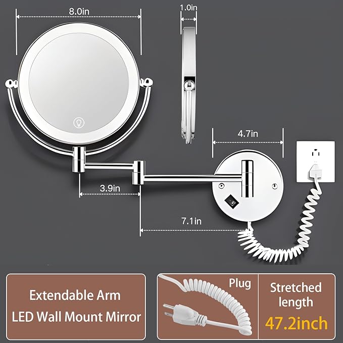Wall Mounted Lighted Makeup Mirror with Magnification, 8-inch 1X/10X Wall Mount Magnifying Mirror for Bathroom, Touch Dimmable, 360 Degree Swivel, 2-Sided, Extendable Arm