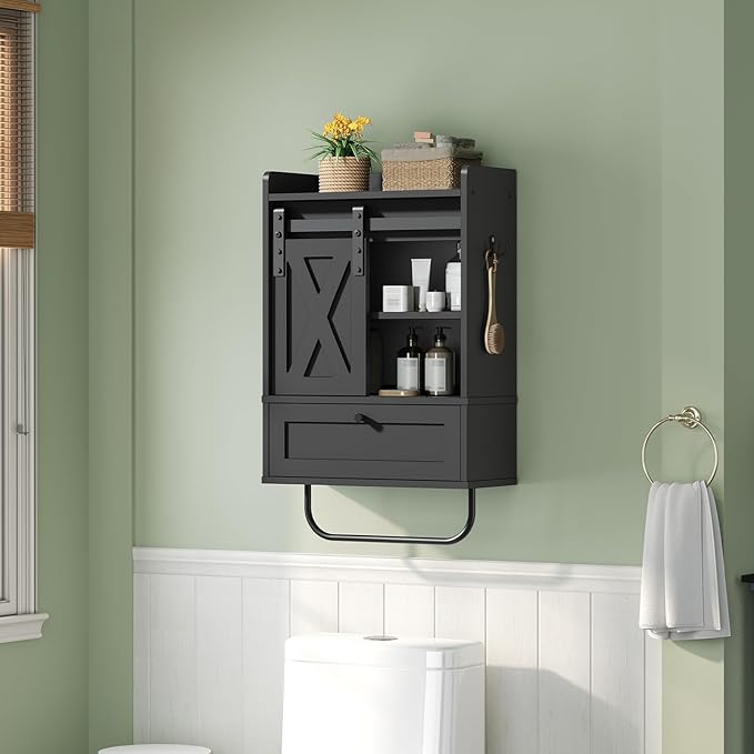 MAHANCRIS Bathroom Wall Cabinet, Farmhouse Medicine Cabinets with Sliding Door, Wall Mounted Storage Cabinet with Adjustable Shelf and Towel Bar, for Bathroom, Living Room, Kitchen, Black