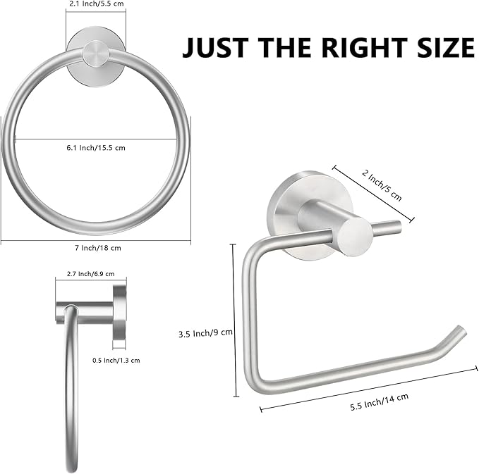 Towel Ring and Toilet Paper Holder Set, Stainless Steel Bath Towel Hanger and Tissue Roll Holders, Bathroom Hardware Accessories Wall Mounted 2 Pieces (Brushed Nickel)