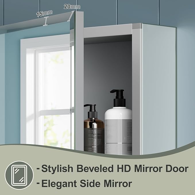 14x18 Inch Aluminum Medicine Cabinet with Beveled Mirror, Assembly Needed, Recessed or Wall Mount, 1 Adjustable Tempered Glass Shelf, Side Mirrors, Reversable Door, Rectangular Silver Edge