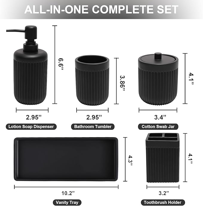 XLHOMO Resin Matte Black Bathroom Accessories Set 5 Pcs, Lotion Soap Dispenser, Toothbrush Holder, Bathroom Tumbler, Qtip Holder and Vanity Tray, Bathroom Countertop Organizer Set for Home Apartment