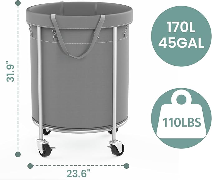 Aduanbang 170L Laundry Basket with Wheels, Rolling Hamper with Removable Bag & Steel Frame, Round Laundry Cart with 4 Casters & 2 Brakes, Ideal for Bedroom, Bathroom & Laundry Room