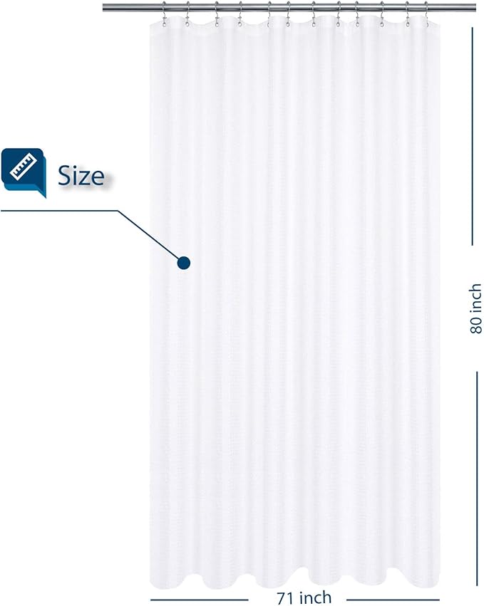 Barossa Design Long Shower Curtain with 80 inch Height, Fabric, Waffle Weave, Hotel Luxury Spa, Water Repellent, Machine Washable, 230 GSM Heavy Duty, White Pique Pattern Decorative Bathroom Curtain