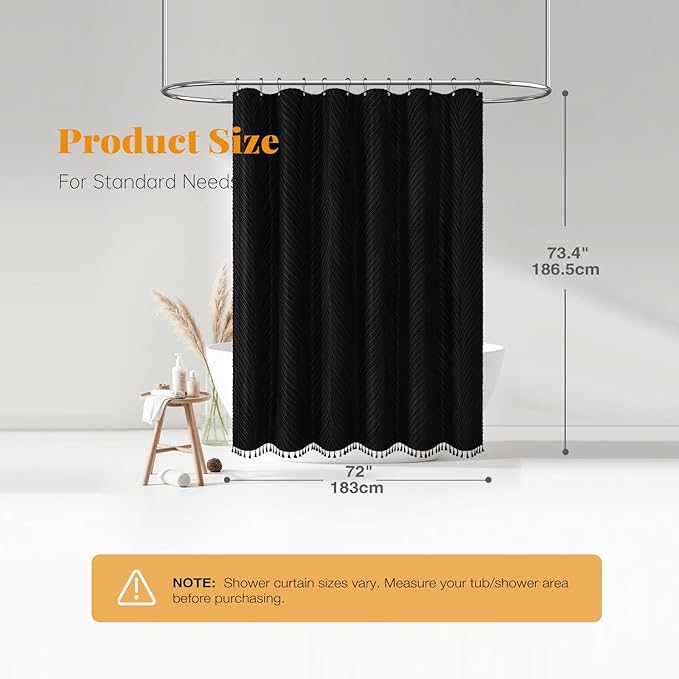 BTTN Black Boho Farmhouse Shower Curtain, Tufted Leaves Textured Striped Fabric Shower Curtain Set with Tassels, Water Repellent, Modern Minimalist Shabby Chic Shower Curtains for Bathroom, 72 x 72