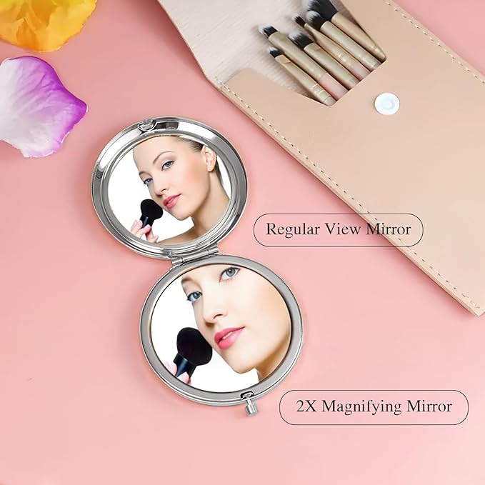 Silver Compact Mirror for Purse, Double-Sided 1X/2X Magnifying, Portable Travel Makeup Mirror, Folding Mini Pocket Mirrors(Silver)