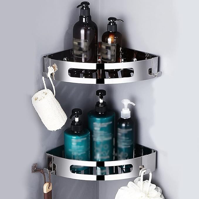 Bathroom Shelf Wall Storage Shelves Organizer Set of 2 Bathroom Accessories Bathroom Organizer Hanging with 4 Hooks Polished 304 Stainless Steel Floating Shelves (Size : Double-Layer Tripod)