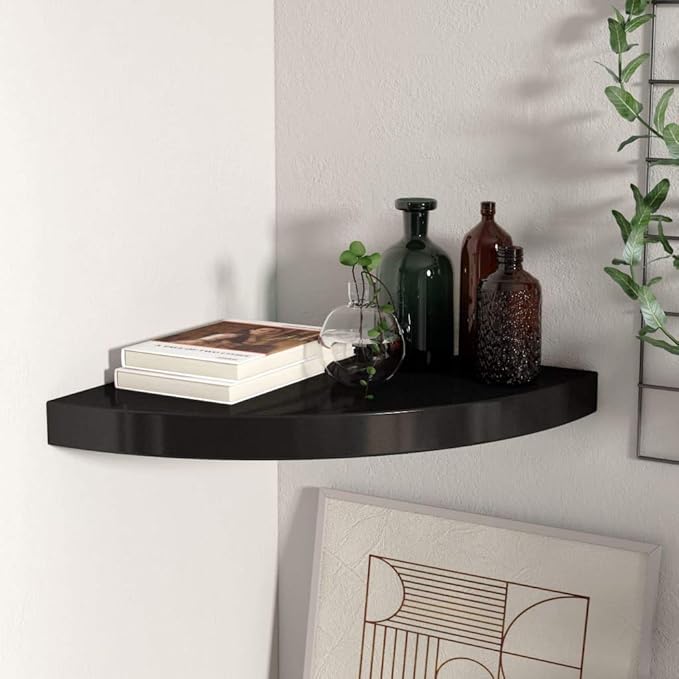 Floating Corner Shelf Black 13.8x13.8x1.5 Inches MDF Wall Mounted Display Storage for Bathroom Kitchen Living Room with Invisible Mounting System