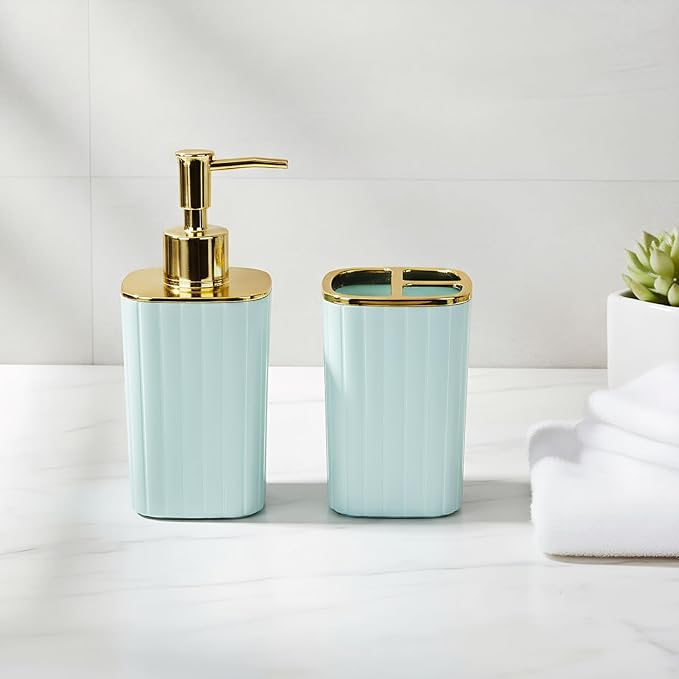 2Pack Bathroom Accessories Set, Sage Green Bathroom Set. Bathroom Toothbrush Holder Set, Includes Dispenser and Toothbrush Holder. Bohemian Bathroom Accessories