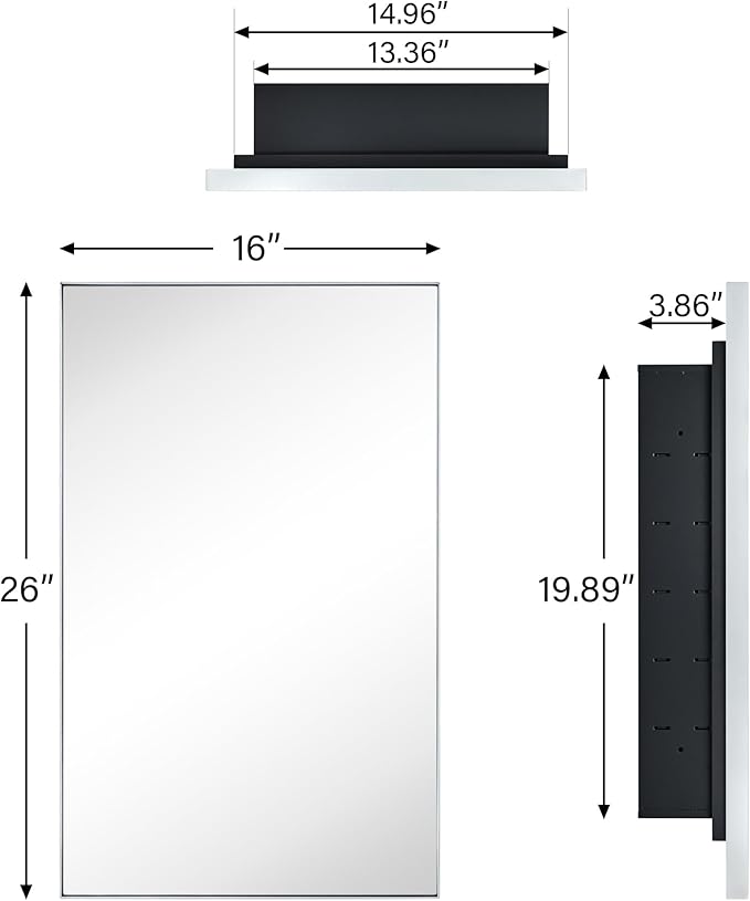 TEHOME Recessed Mount 16x26'' Squared Rectangle Silver Bathroom Medicine Cabinet with Mirror Silver Metal Framed Rectanglular Medicine Cabinet 2 Adjustable Glass Shelves