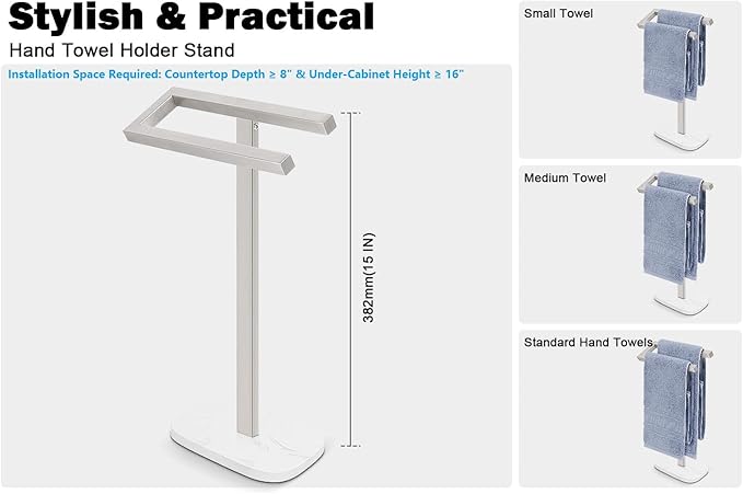 Livabber Standing Hand Towel Holder, 304 Stainless Steel Hand Towel Rack Stand with Heavy Marble Base, Bath Accessories, Towel Ring for Bathroom Kitchen Countertop, 14 Inch (Brushed Nickel)
