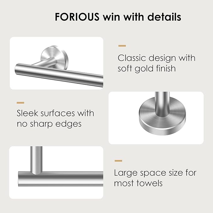 FORIOUS Towel Bar Wall Mounted, Stainless Steel Towel Racks for Bathroom, Includes Wall Mounting Hardware (Stainless Steel, 23 Inch)