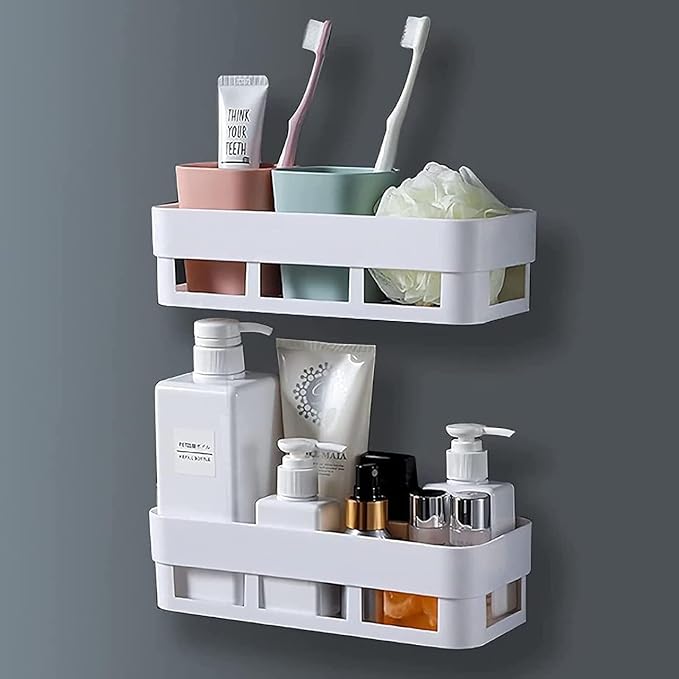 Plastic Bathroom Accessories, Bathroom Rack, Bathroom Shelf Organizer, Wall Mounted Shelf, Bathroom Hardware & Accessories, Storage Racks (2 Pcs Plastic White Shelf)