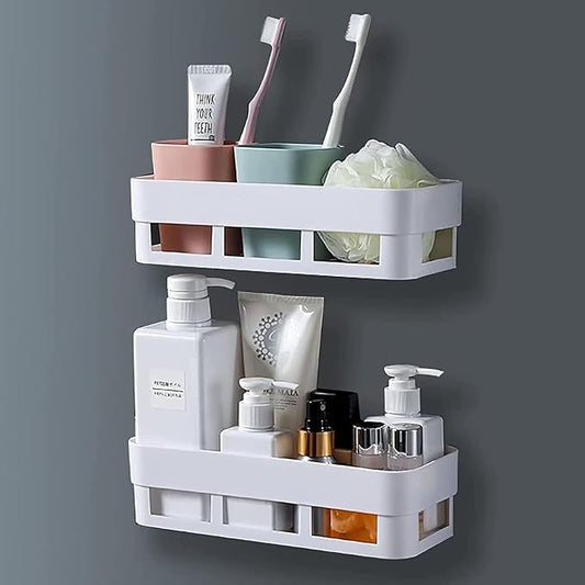 Plastic Bathroom Accessories, Bathroom Rack, Bathroom Shelf Organizer, Wall Mounted Shelf, Bathroom Hardware & Accessories, Storage Racks (2 Pcs Plastic White Shelf)