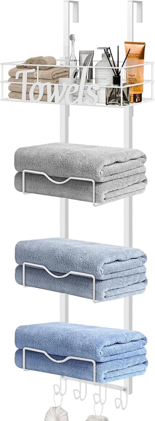 HarJue Over The Door Towel Racks, No Drill Towel Storage with Basket & Hooks, Space-Saving Multi-Functional Towel Holder for Bathrooms, bedrooms, Apartments, RVs (White)
