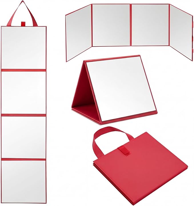 3 Way Foldable Full Length Mirror with Handle 31.89 x 11.22 Inches Leather Portable Camping Travel Hanging Folding Body Mirror for Makeup Dance Fitness Spa Hair Styling(Wine Red,Classic)
