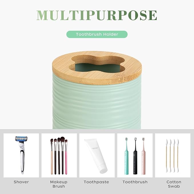 2 PCS Sage Green Bathroom Accessories Set, Soap Dispenser and Toothbrush Holder Set, Plastics & Bamboo Bathroom Set, Bohemian Style Bathroom Sink Set