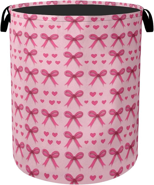 Pink Bow Laundry Hamper - Pink Laundry Basket with Handles, Space Saving Foldable Design for Nursery, Dirty Clothes Storage Basket for Women Girls