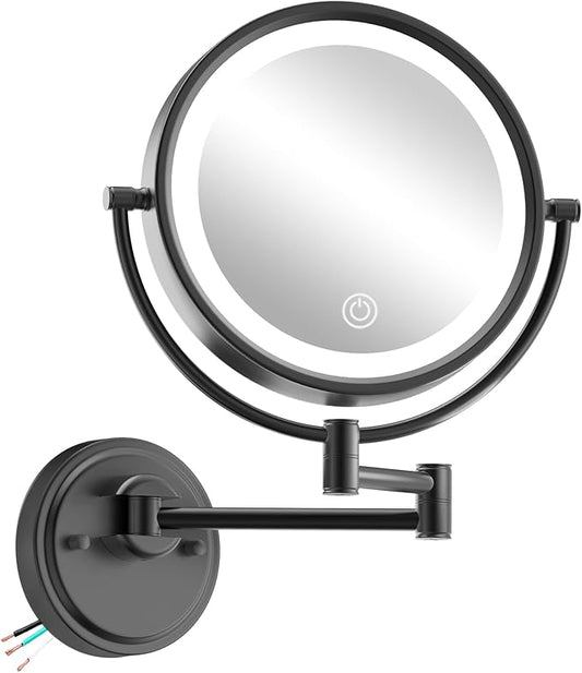 10" Large Magnifying Mirror Wall Mounted with Light Hard Wired, 1X/5X Double-Sided LED 3 Colors, Touch Dimmable, Extended Arm 360 Rotation Shaving Light up Mirror for Bathroom, Matt Black