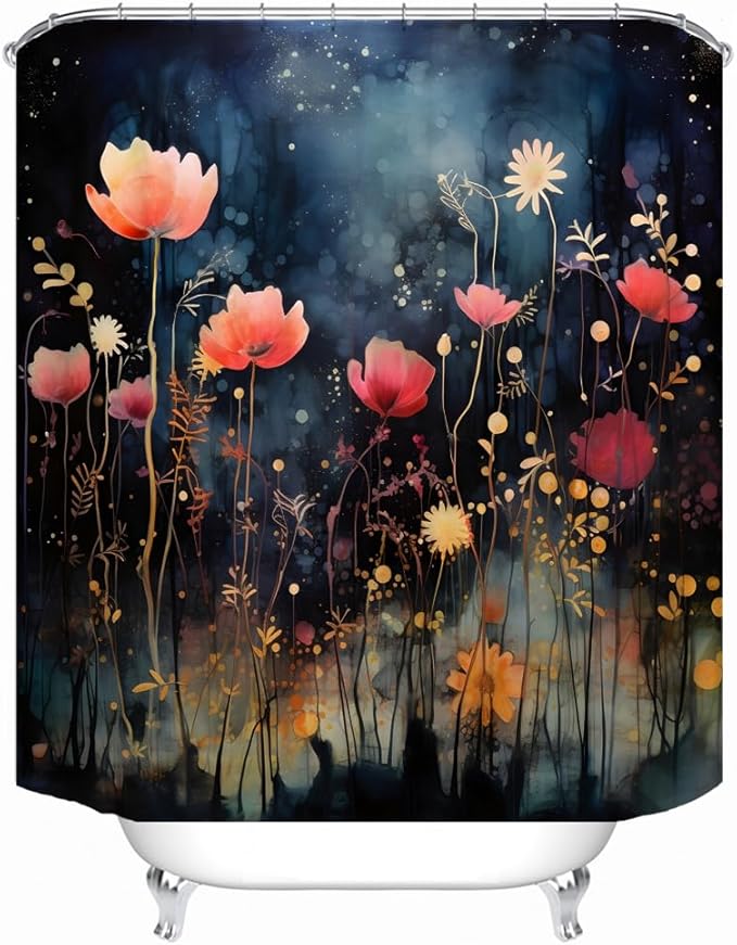 Bright Fabric Shower Curtains, Vintage Floral Theme Design Art Shower Curtains, Bathroom Decor Set, 12 Shower Curtain Hooks (72 "Wx72 L) Inch Waterproof Shower Curtain.