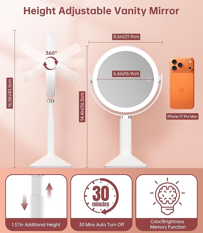 Benbilry 20X Magnifying Mirror with Light, Rechargeable 4000mAh Lighted Makeup Mirror with Magnification, Adjustable Height, 3 Color Modes, 2-Sides Vanity Mirrors for Desk Bathroom Bedroom, White