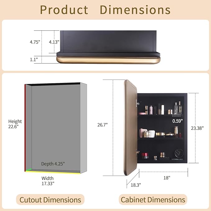 Bathroom Medicine Cabinet with Gold Wood Framed Mirror, Recessed or Wall Mount Bathroom Vanity with Storage Shelves 17.5x26 inch