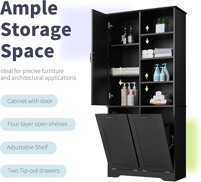 Virubi Tall Laundry Cabinet with 2 Tilt Out Hamper, Wood Bathroom Storage Cabinet with Doors and Adjustable Shelves Freestanding (Black)
