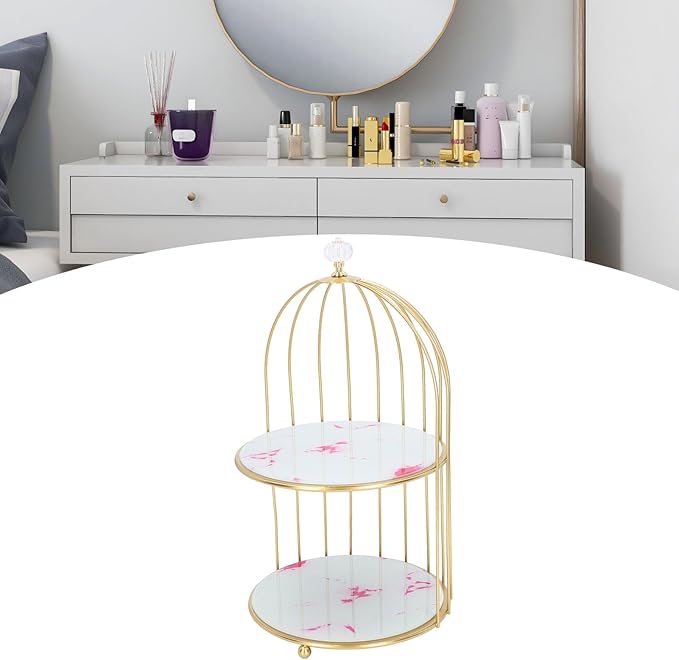 Double Layer Storage Shelf Bird Cage Organizer Display Rack for Bathroom Countertop Dressing Table Gold Frame (Pink Stone Pattern)