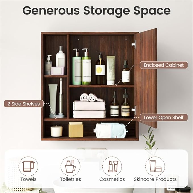 Space Saving Medicine Cabinet, Mirrored Bathroom Wall Cabinet with Hidden Storage Shelves, Walnut Finish Vanity Organizer, Medicine Cabinet with Hidden Storage, Space Saving Organizer for Bathroom