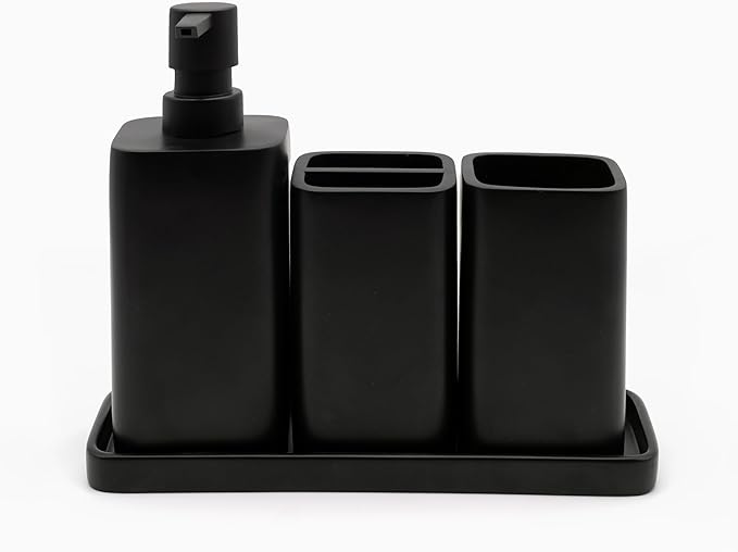 ZCCZ Bathroom Accessory Sets, 4 Pieces Bathroom Accessories Complete Set Vanity Countertop Accessory Set, Includes Lotion Dispenser Soap Pump, Tumbler, Toothbrush Holder and Tray (Matte Black)