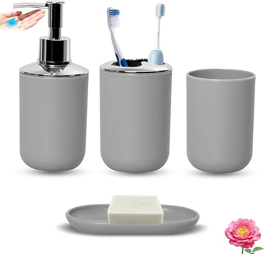 Matte Gray Bathroom Accessories Set, 4 Piece Plastic Bathroom Toothbrush Holder Set, Include Soap Dispenser, Toothbrush Holder, Rinse Cup, Soap Dish, Boho Grey Bathroom Decor for Home, Bathroom Set