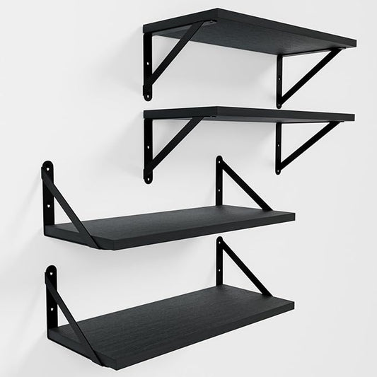 COCOYA Wall Shelves 7.3" Deep Set of 4, Solid Paulownia Wood Wider Longer Sturdy Easy to Install Wall Mounted Bookshelves Storage Shelves Bathroom Home Office Laundry Room Bedroom Organizer Black