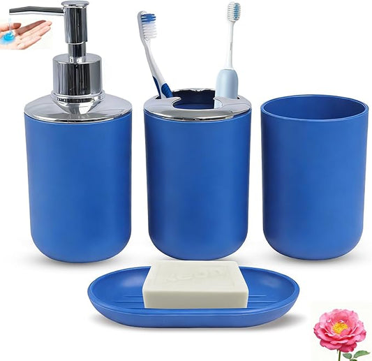 Matte Blue Bathroom Accessories Set, 4 Piece Plastic Bathroom Toothbrush Holder Set, Include Soap Dispenser, Toothbrush Holder, Rinse Cup, Soap Dish, Boho Blue Bathroom Decor for Home, Bathroom Set
