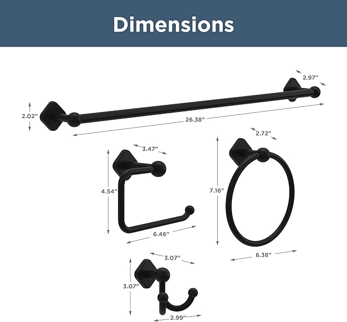Franklin Brass Gainesville 4-Piece Bathroom Set Matte Black 18" + 6" Towel Rack, Toilet Paper Holder, Hand Towel Holder, Hook | 4-Piece Bath Hardware Accessories Set GNV64-MB