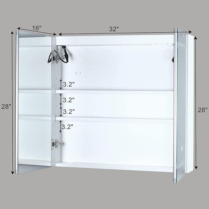 Karl home 32x28 Inch 2 Doors Bathroom Medicine Cabinet with LED Mirror, 3 Color Wall Mounted Dimmable Bathroom Cabinet with 3-Tier Storage Shelves, Anti-Fog, USB Charge, White
