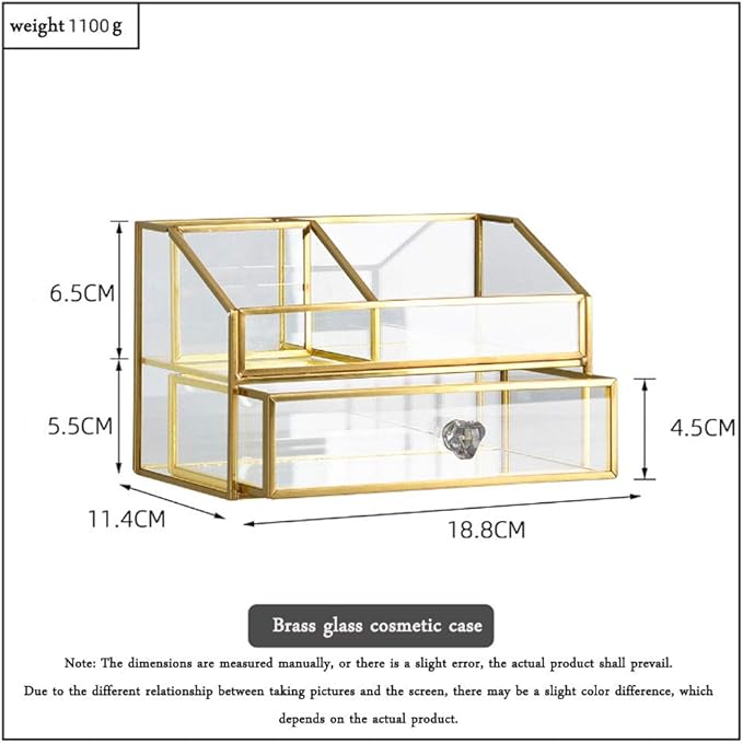 YUEHUA Clear Makeup Organizer, Glass Jewelry Display Box, Gold Makeup Nail Polish Lipsticks Eyeliners Holder Organizer for Vanity Bathroom Office