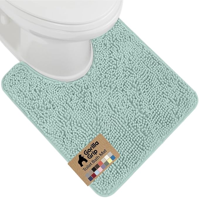 GORILLA GRIP Plush Absorbent Shaggy Chenille Bath Rug Mat for Oval Toilet Base with Rubber Backing, Machine Washable Rugs, Soft Microfiber Contour Mats for Toilets, Bathroom Decor, Seablue