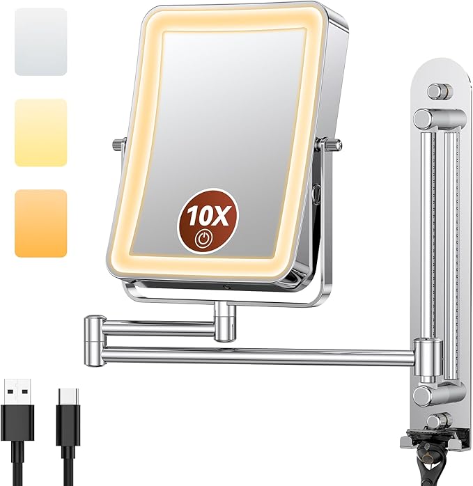 Height Adjustable Wall Mounted Lighted Makeup Mirror with Lights, 10X Magnifying Mirror for Bathroom, 7in Slide Rail and 360° Extended Arm, Rechargeable Wall Mirror with Dual Hooks for Hotel